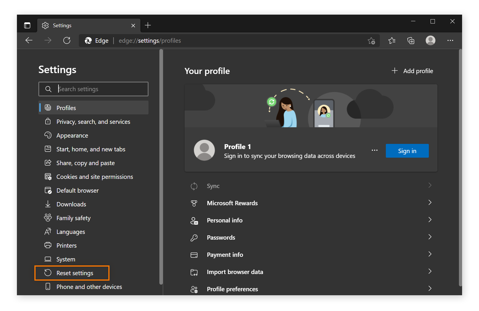 The Settings menu in Microsoft Edge with Reset settings circled.